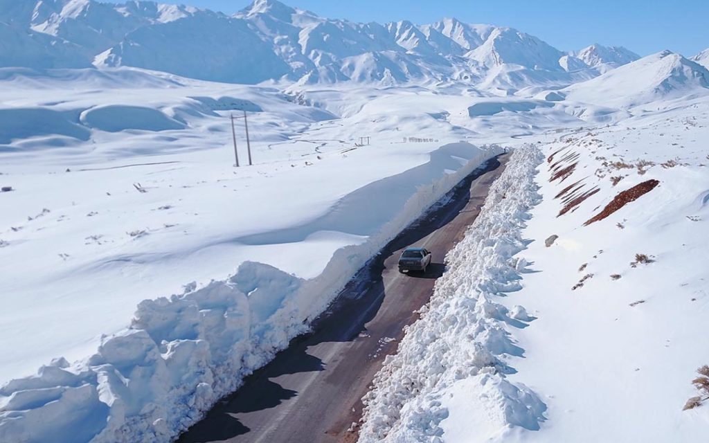 Road with snow near Chelgerd in Iran